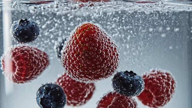 Fresh Berries Floating In Bubbling Water