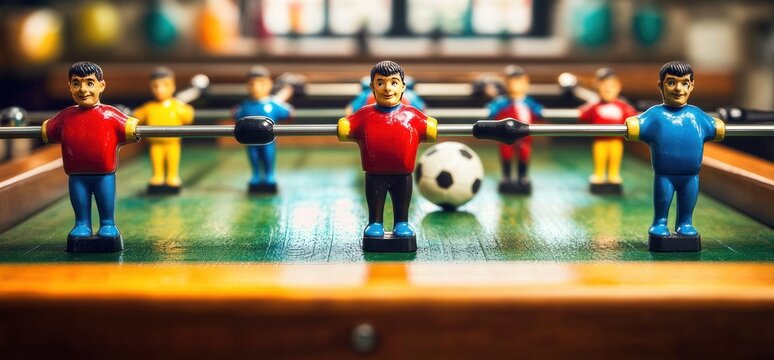 Close-up of foosball table with red and blue plastic players and soccer ball on wooden green field, playful nostalgic competition