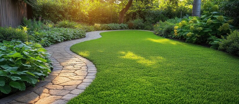 Sunlit curved stone pathway beside a manicured green lawn and lush garden beds, peaceful and tranquil golden-hour backyard