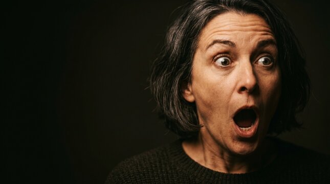 Mature woman with graying dark hair displaying a wide mouth expression of shock and surprise on a dark background