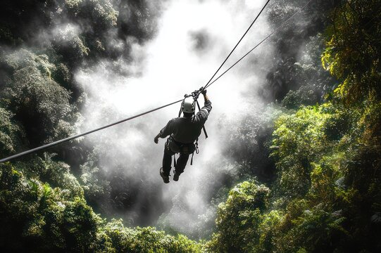Solo rider wearing helmet and harness zip-lining on cables above misty tropical forest canopy, a thrilling adrenaline-filled aerial adventure