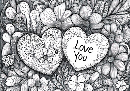 intricate black and white floral doodle featuring two ornate hearts, one heart bearing the words love you, surrounded by blooming flowers and leaves conveying warm affectionate emotion