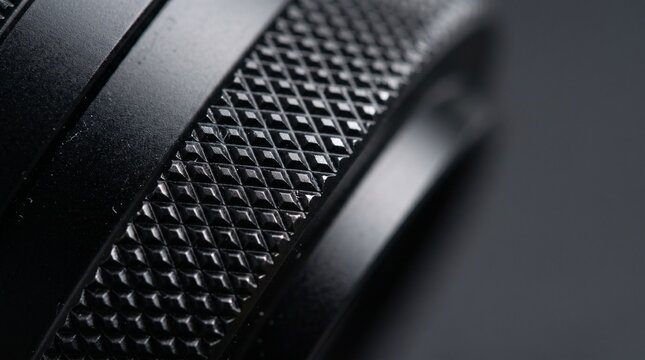 Close up view of a black metal camera lens barrel featuring a detailed diamond shaped knurled texture for grip