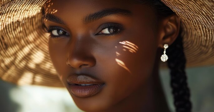 Sunlit straw hat casting woven shadows over braided hair and sparkling drop earring, serene summer elegance