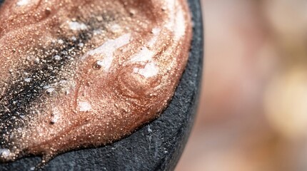 Fototapeta premium Close up view of thick shimmering rose gold liquid cosmetic cream texture applied on a dark textured round surface