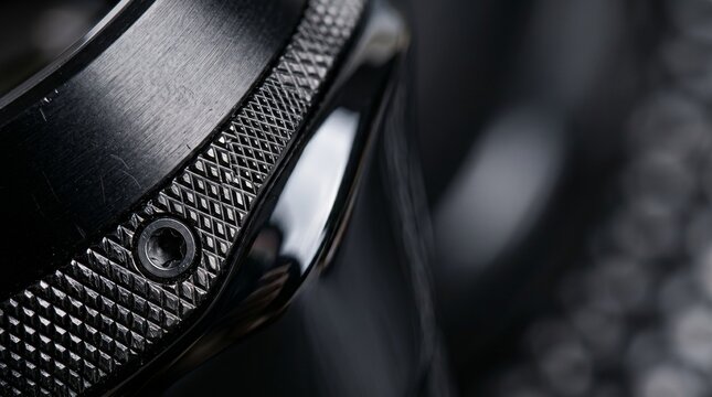 A close up macro shot of a black metallic mechanical part featuring intricate knurled texture and a small screw head