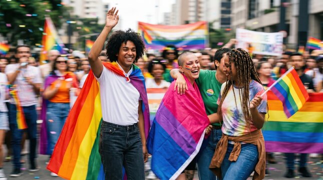Diverse Young Adults Celebrating Pride Parade with Rainbow Flags and Bisexual Flag