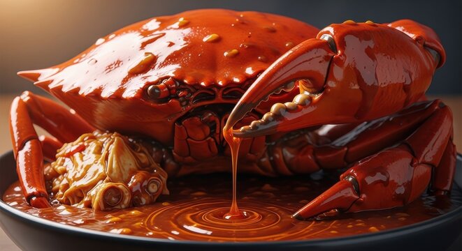 Mud Crab Culinary Art Exquisite Shellfish in Spicy Chili Sauce on Plate &ndash; Delectable Seafood Dish Asian Cuisine Gastronomy Gourmet Feast Restaurant Style Top View Experience