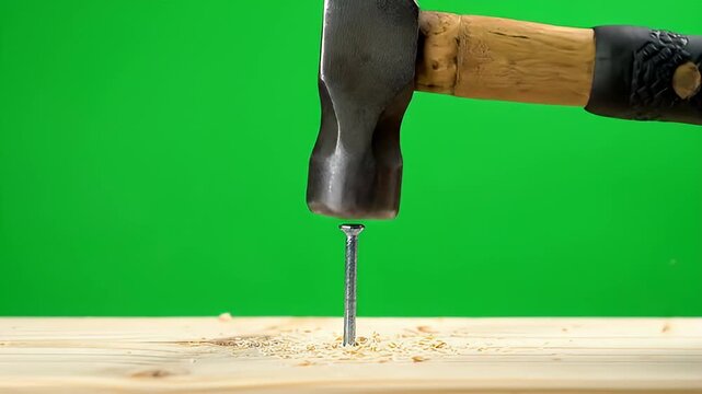 Hammer striking nail on wooden plank, close-up, green screen background