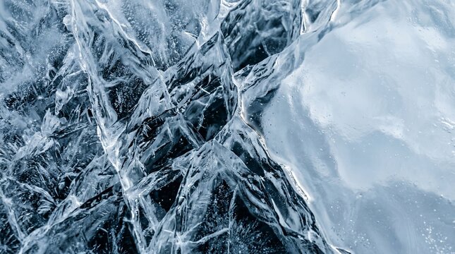 Detailed close up of crystalline ice structures showing sharp fractures and smooth frozen surfaces with a bright cool blue glow