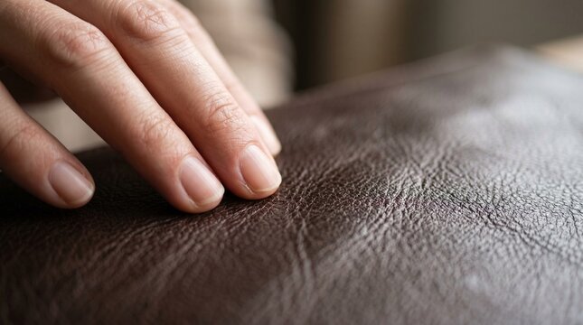 Close up view of a hand gently touching the textured surface of a premium brown leather journal or book cover