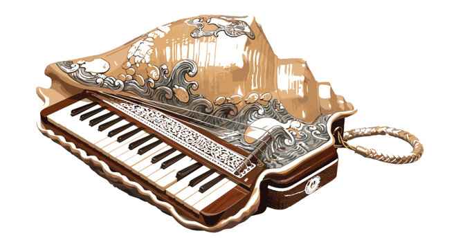 Vintage conch shell piano vector illustration with Baroque carvings and classical keyboard isolated on white background