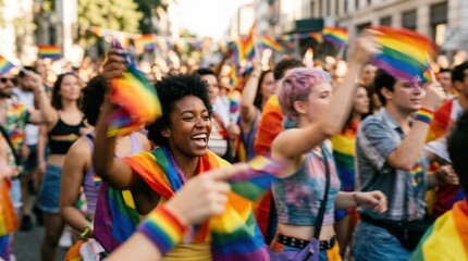 Fototapeta premium Diverse Young Adults Celebrating Pride Parade with Rainbow Flags in City Street