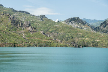 Obraz premium Panoramic Landscape view on green canyon Antalya Turkey with turquoise water mountain cliffs and green forest. Showcasing natural beauty travel tourist destination. Vacation concept slowing down. 
