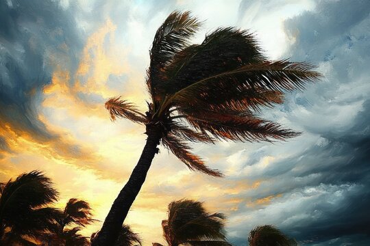 Wind-swept palm trees bent beneath a fiery sunset and churning storm clouds, dramatic and tense tropical sky