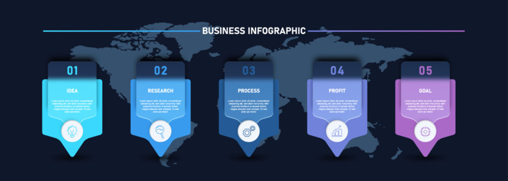 Modern business infographic template with five steps in horizontal workflow timeline over world map background. Clean UI design with gradient elements