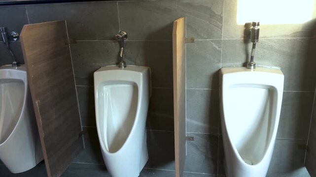 Modern public restroom interior featuring row of white ceramic urinals with wooden partitions.
