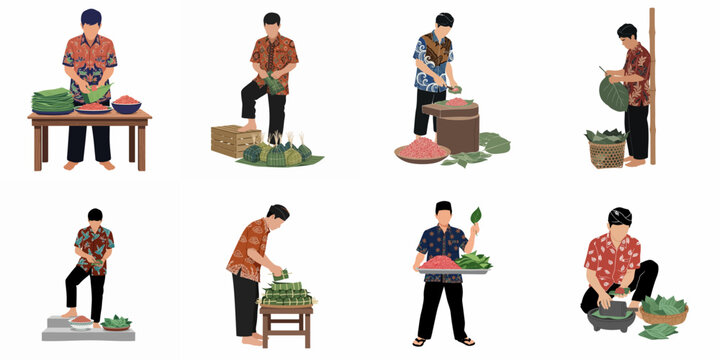 Set of Indonesian men in batik shirts preparing traditional food wrapped in banana leaves, flat vector illustration on white background.