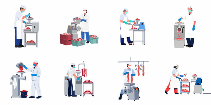 Flat vector illustration set of meat processing plant workers operating industrial grinders and handling raw meat in a hygienic environment.