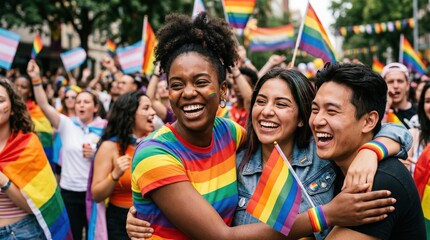 Fototapeta premium Diverse Young Adults Celebrating Pride Parade with Rainbow Flags and Joyful Expressions