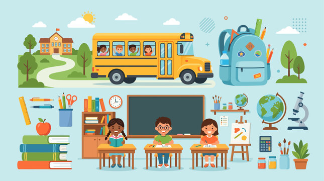 back to school flat vector illustration with school bus and children learning