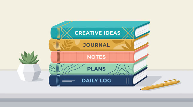 colorful stack of journals and notebooks on desk with pencil