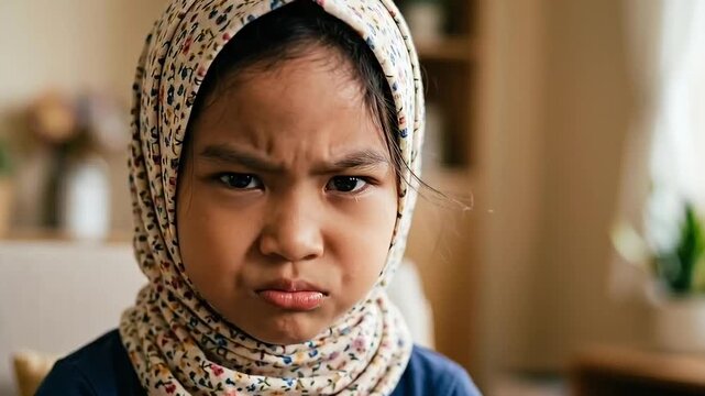 Close-up portrait of a frustrated little Asian girl in a hijab with an angry expression at home
