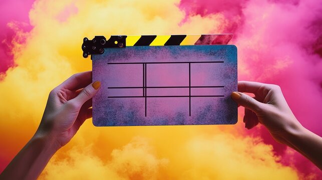 Two hands holding a colorful film clapperboard with yellow-striped clapstick against vibrant pink and yellow smoke, playful cinematic energy