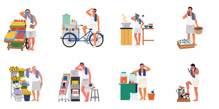 Collection of diverse street vendors and workers suffering from extreme heat and sweating while working at their stalls on a white background.