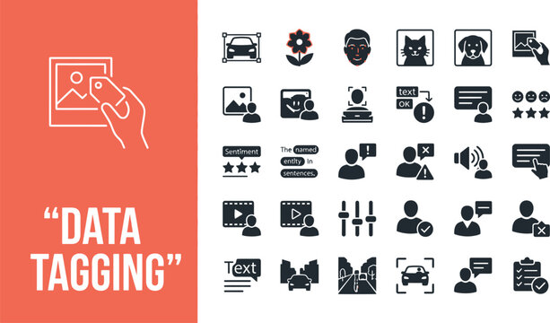 Data tagging icons demonstrate machine learning and classification.