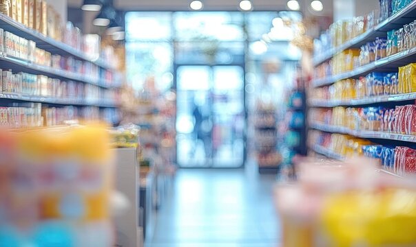 blurred supermarket aisle lined with colorful shelves and packaged products, bright backlit entrance and soft bokeh evoking a busy, dreamy shopping atmosphere