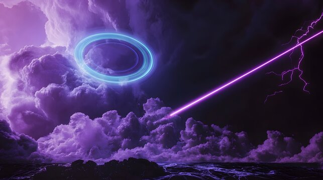Futuristic neon portal in stormy purple clouds, glowing blue ring and energy beam over dark ocean waves, cinematic sci-fi landscape with lightning and dramatic thundercloud atmosphere