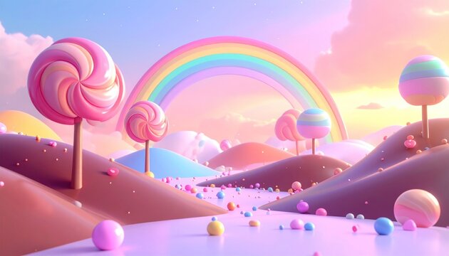 A whimsical and colorful candy land dreamscape, featuring towering pastel lollipops, scattered vibrant sweets, and a magnificent rainbow arcing over a soft, sugary landscape