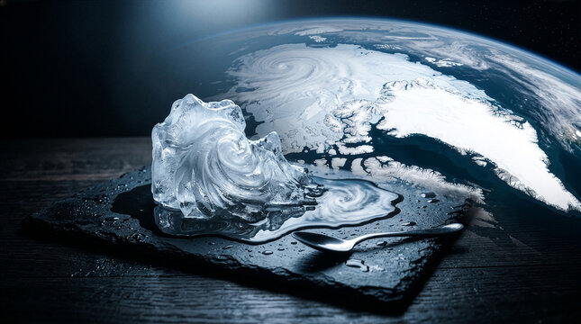 A melting chunk of ice sits on a dark slate with a puddle and spoon, while a giant view of Earth&rsquo;s polar region looms in the background - Generative AI