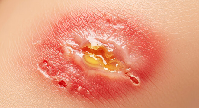 Extreme Close Up Macro of Infected Skin Wound With Yellow Pus and Redness infection