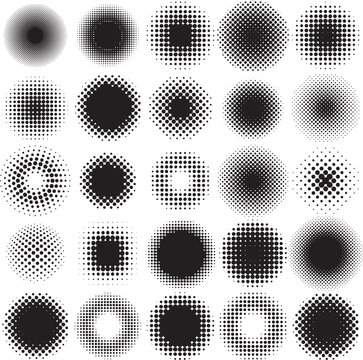 Halftones. Set of round halftone elements for icon backgrounds, information flashes, retail, logos and other uses.