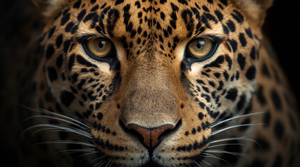 Obraz premium Intense close up leopard portrait with piercing golden eyes and dramatic lighting