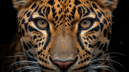 Obraz premium Close up leopard face with intense amber eyes and detailed spotted fur conveying fierce focus