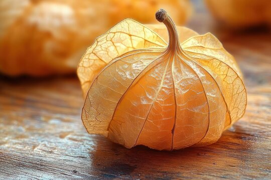 Close-up of a single physalis lantern fruit with delicate papery husk on a wooden table in warm golden light, evoking cozy autumn calm