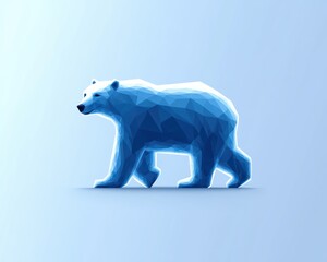 Fototapeta premium low-poly blue polar bear walking on pale gradient background, calm serene geometric wildlife illustration