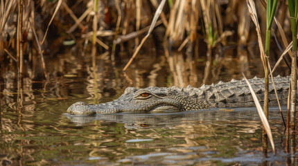 Fototapeta premium Juvenile crocodile crocodile wetland marsh water reptile eye camouflaged grass reflection