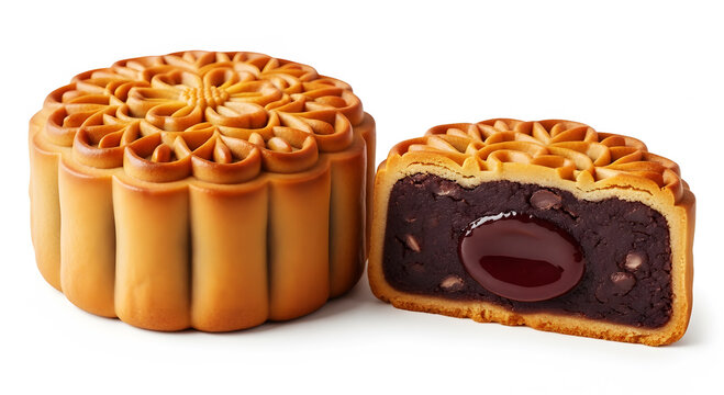 Golden brown mooncakes one whole and one cut revealing red bean paste filling food