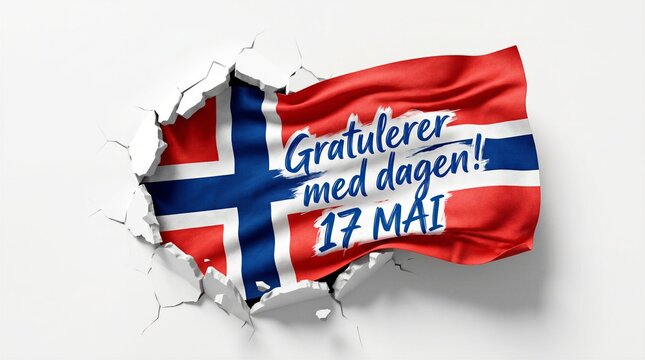 Gratulerer med dagen 17 mai Norwegian text, Norway&rsquo;s National Day concept with torn wall effect, white background with copy space