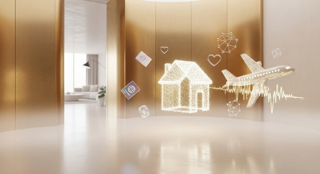 Conceptual Global Family Hub with Holographic House and Ceramic Airplane Icons in Luxury Villa Atrium