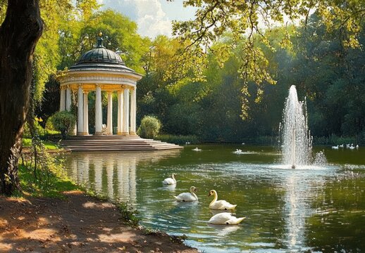 sunlit classical pavilion by a tranquil pond with swans, a fountain, dappled trees and peaceful reflections