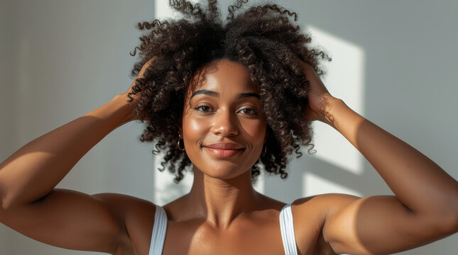 Confident smiling woman natural hair healthy skin self acceptance