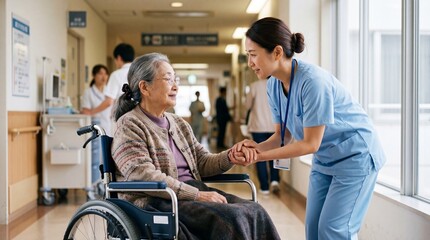 Obraz premium Compassionate Care in Hospital: A caring health worker assists an elderly woman in a wheelchair, with a supportive touch and gentle conversation within a bright, clean hospital corridor.