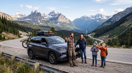 Fototapeta premium Road Trip Reverie: A family embarks on an unforgettable journey, paused beside their versatile vehicle amidst a stunning mountainous landscape, sharing a moment of anticipation.