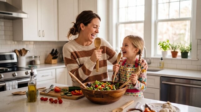 Joyful Culinary Moment: A mother and daughter share a fun-filled afternoon in the kitchen, singing and creating a healthy salad together, fostering love and culinary joy.