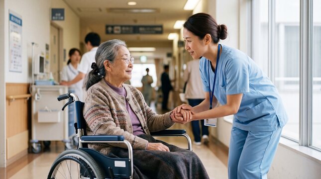 Compassionate Care in Hospital: A caring health worker assists an elderly woman in a wheelchair, with a supportive touch and gentle conversation within a bright, clean hospital corridor.
